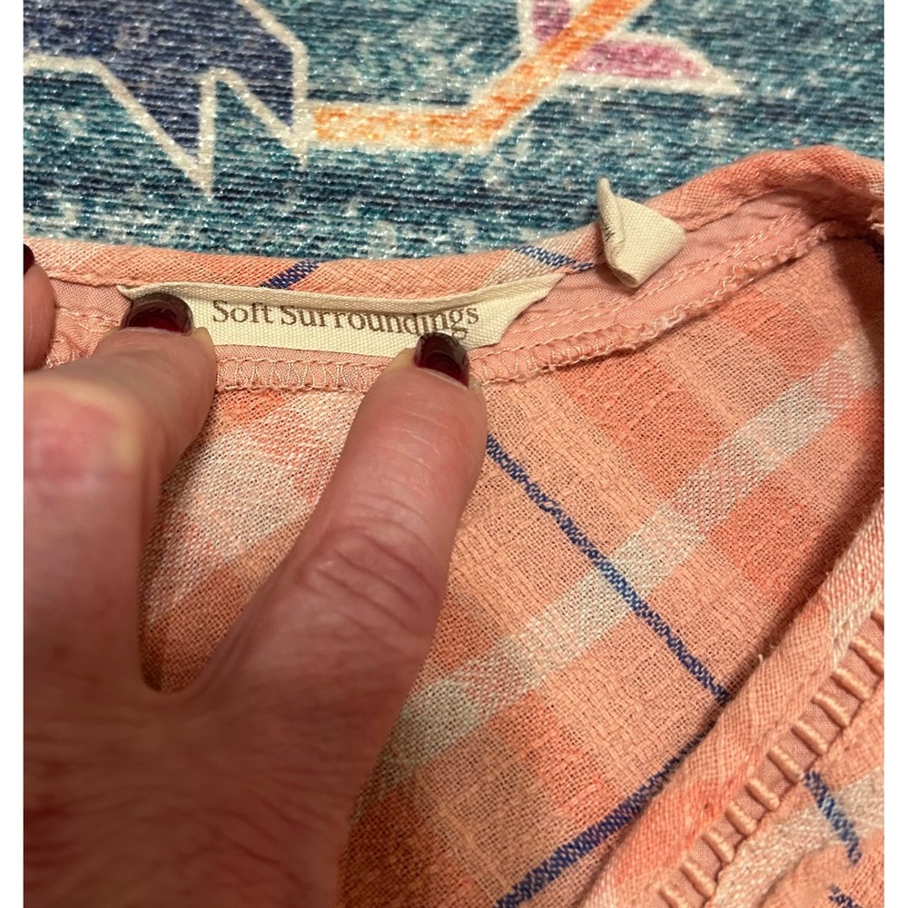 Soft Surroundings 2X Pink Peach Vneck tunic cotton plaid Lagen beach cottage top - Picture 3 of 9